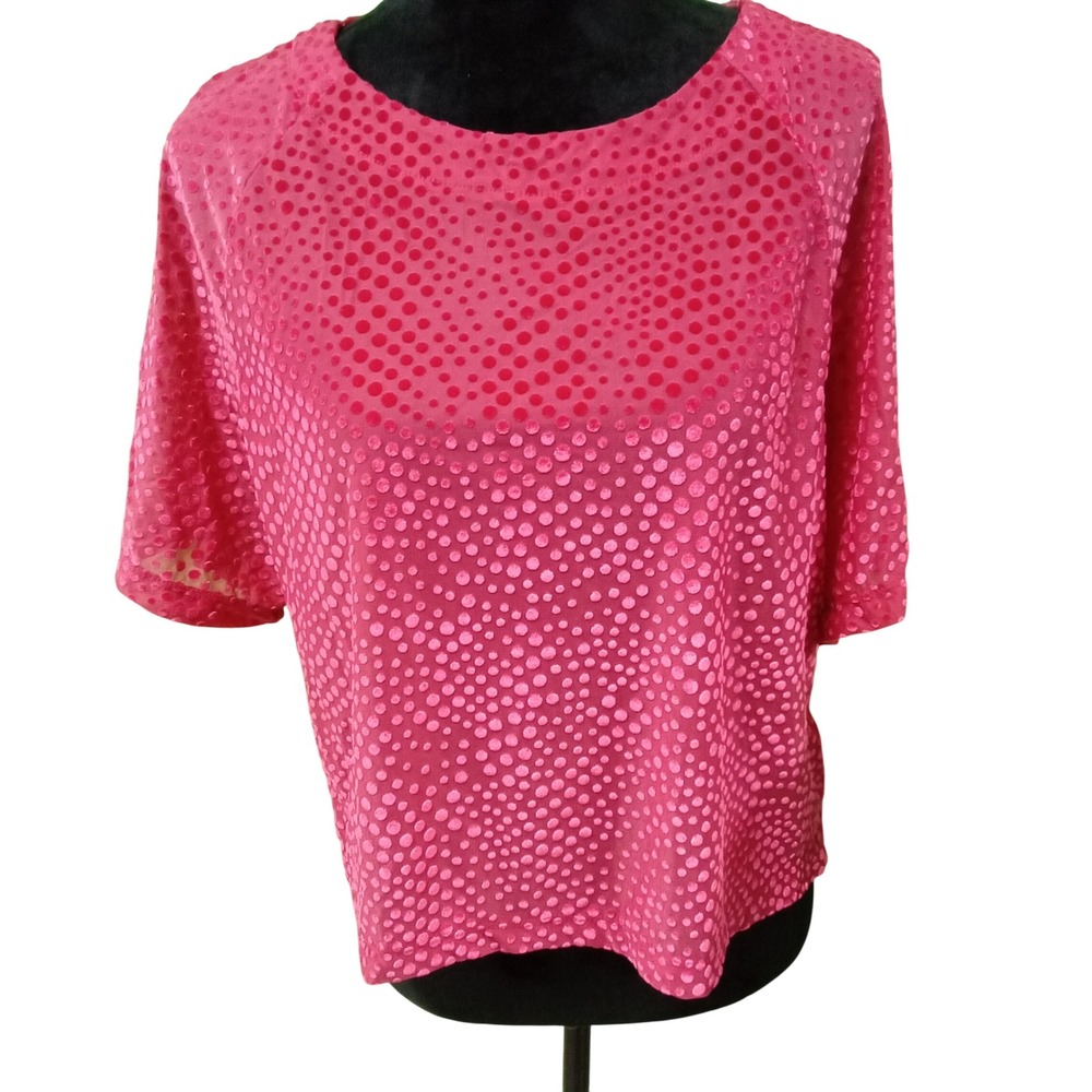 Bobeau Top MED Pink Velvet Dot Semi Sheer Blouse Short Sl‎ Round Neck Chic